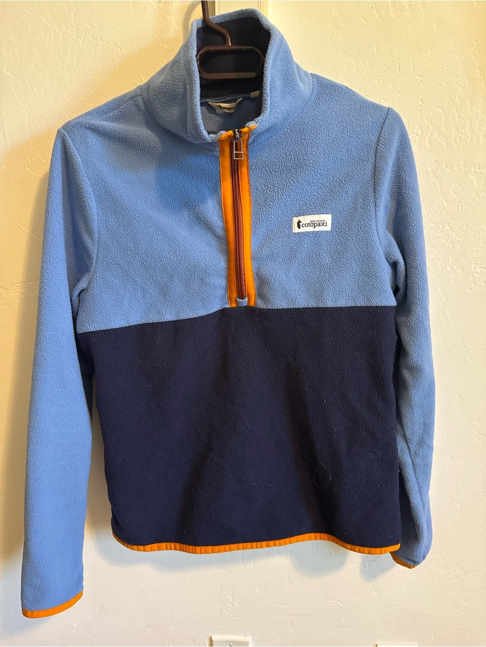 cotopaxi Light Blue and Navy Fleece Quarter-Zip with Orange Trim
